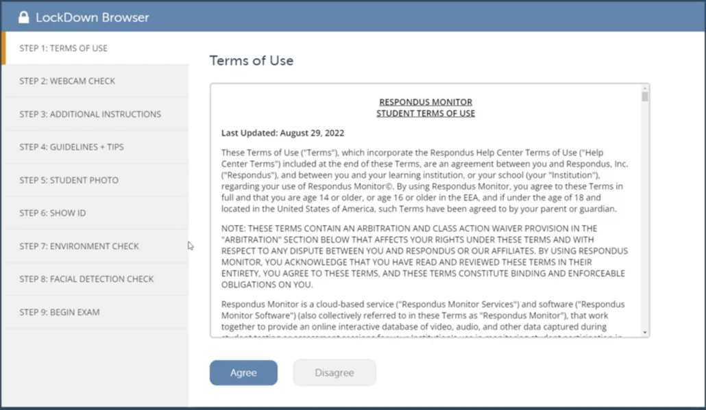 Respondus LockDown Browser pre-check step 1 of 9, Terms of Use. The Respondus Monitor student terms are shown in a scrolling box with Agree and Disagree buttons below.