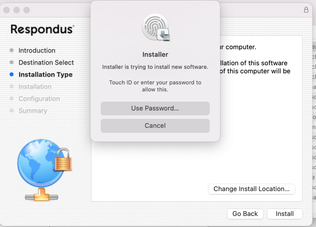 macOS Installer prompt asking for Touch ID or your computer password to allow the installation of new software, with Use Password and Cancel buttons.