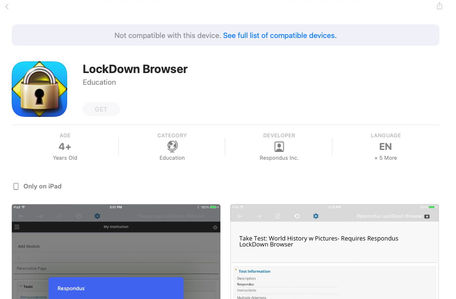 Apple App Store listing for the Respondus LockDown Browser app, marked Only on iPad, with a Get button.