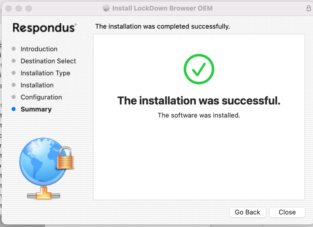 macOS installer Summary screen with a green check mark and the message The installation was successful. The software was installed, with a Close button.