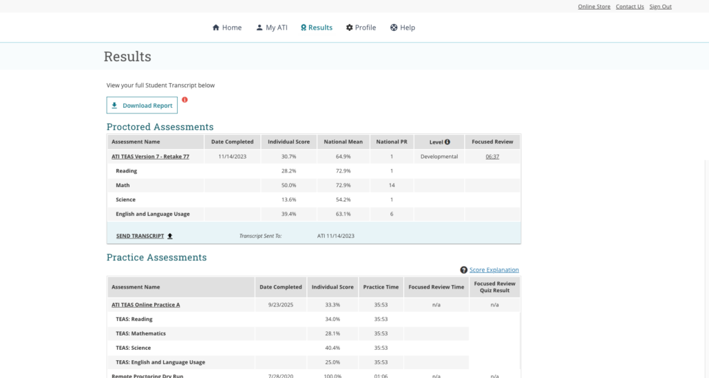 ATI student portal Results tab listing Proctored Assessments with the ATI TEAS score, national mean and percentile, and Practice Assessments below, with a Download Report button.