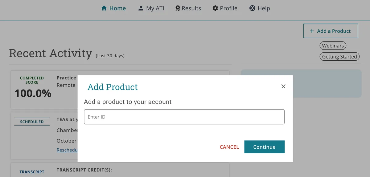 Add Product window on the ATI student home page with an Enter ID field and Cancel and Continue buttons