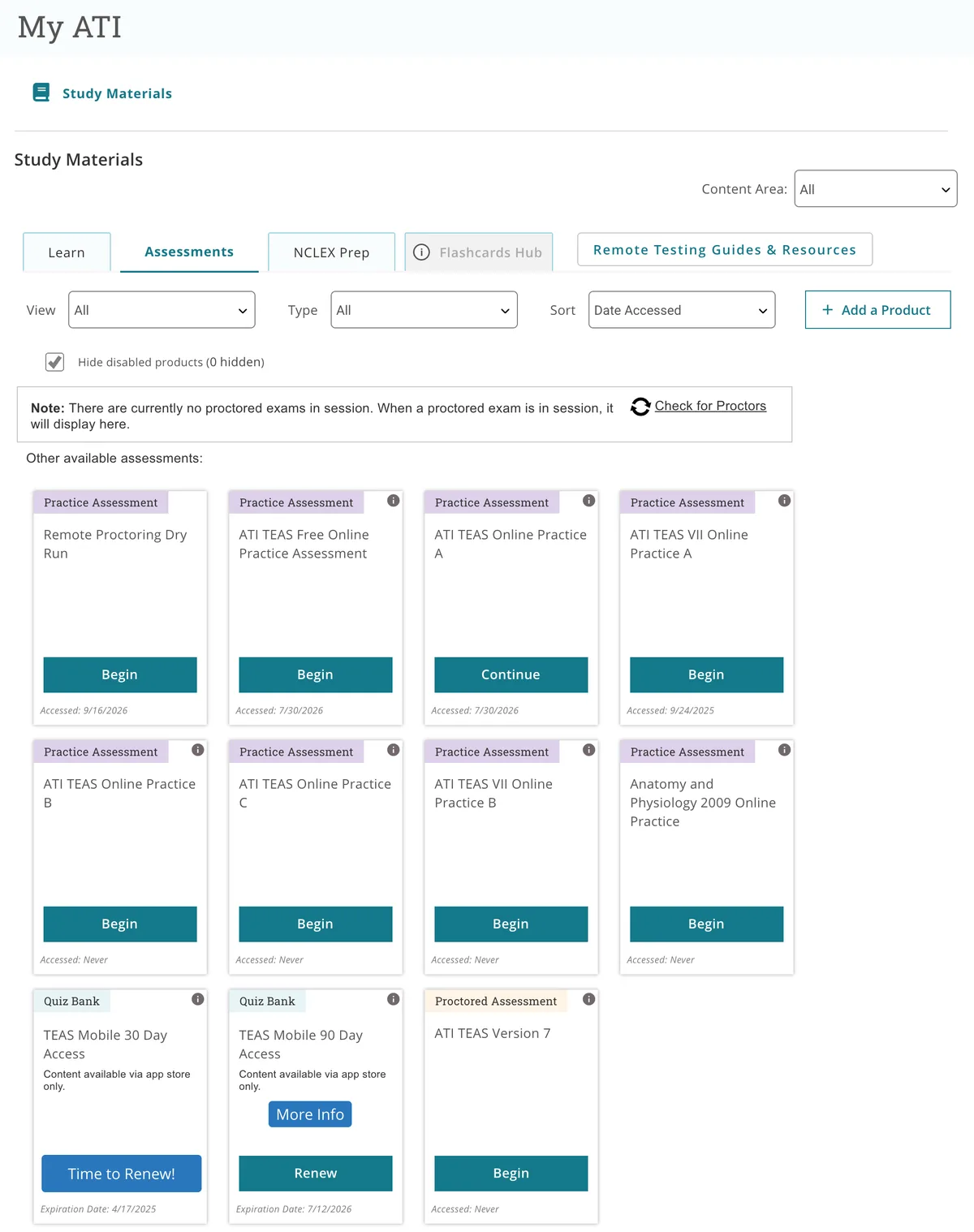 My ATI page with the Assessments tab selected, showing practice assessment cards including the free practice test, Online Practice A and B, the Anatomy and Physiology practice test, TEAS Mobile access cards, and the proctored exam card