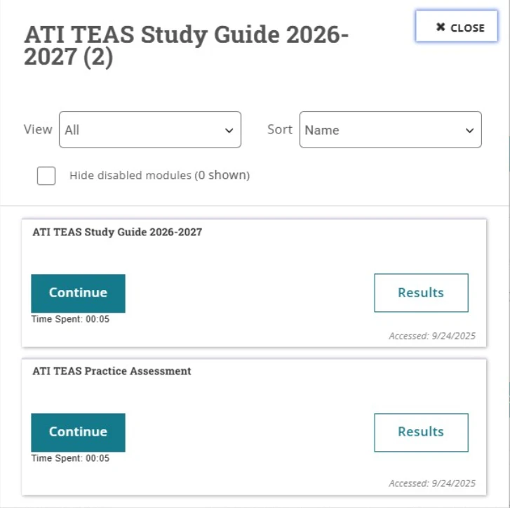 ATI TEAS Study Guide 2026-2027 modules window showing two modules, the ATI TEAS Study Guide eBook and the ATI TEAS Practice Assessment, each with Continue and Results buttons