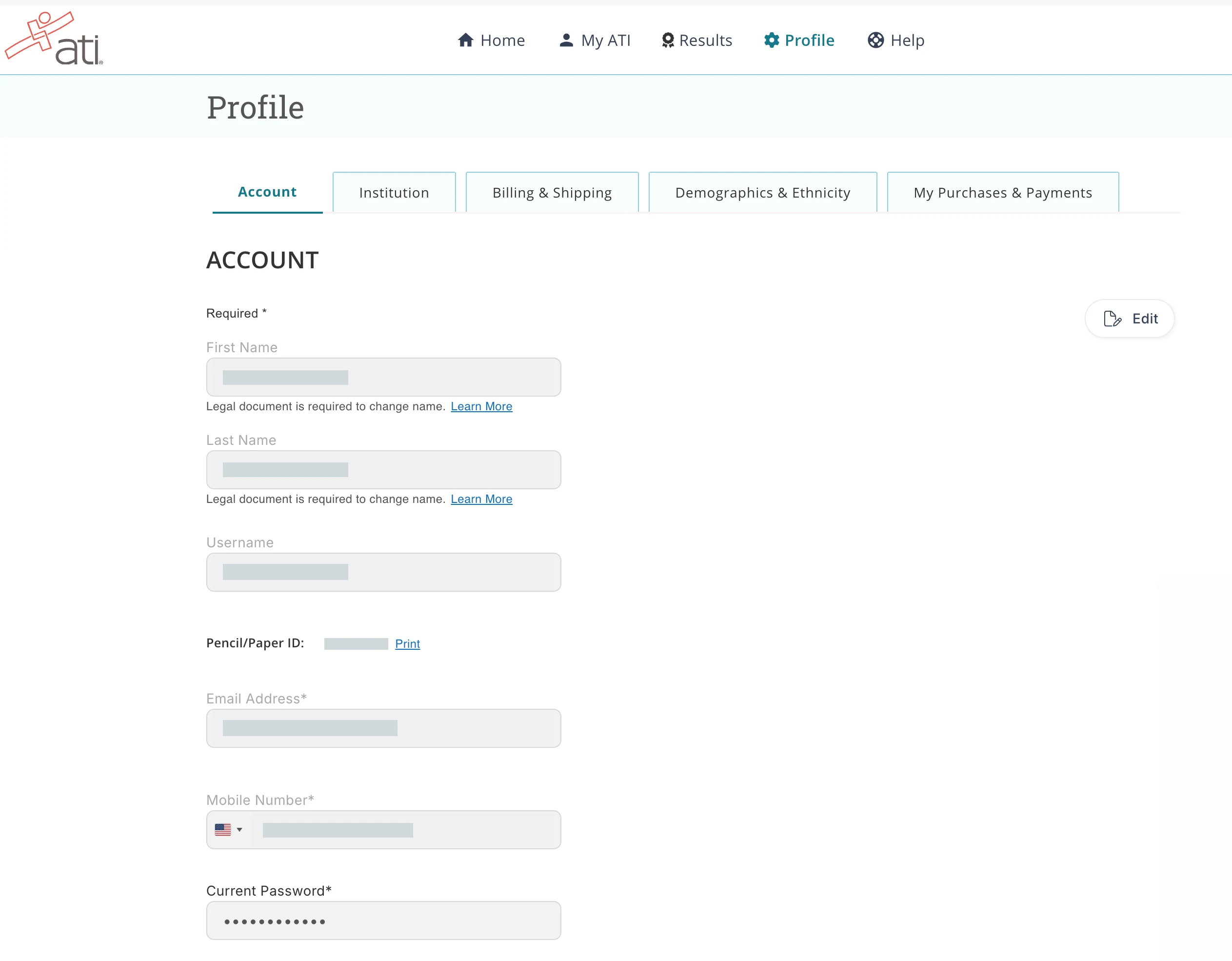 ATI student account Profile page, Account tab, showing first name, last name, username, Pencil/Paper ID, email address, mobile number, and password fields with an Edit button