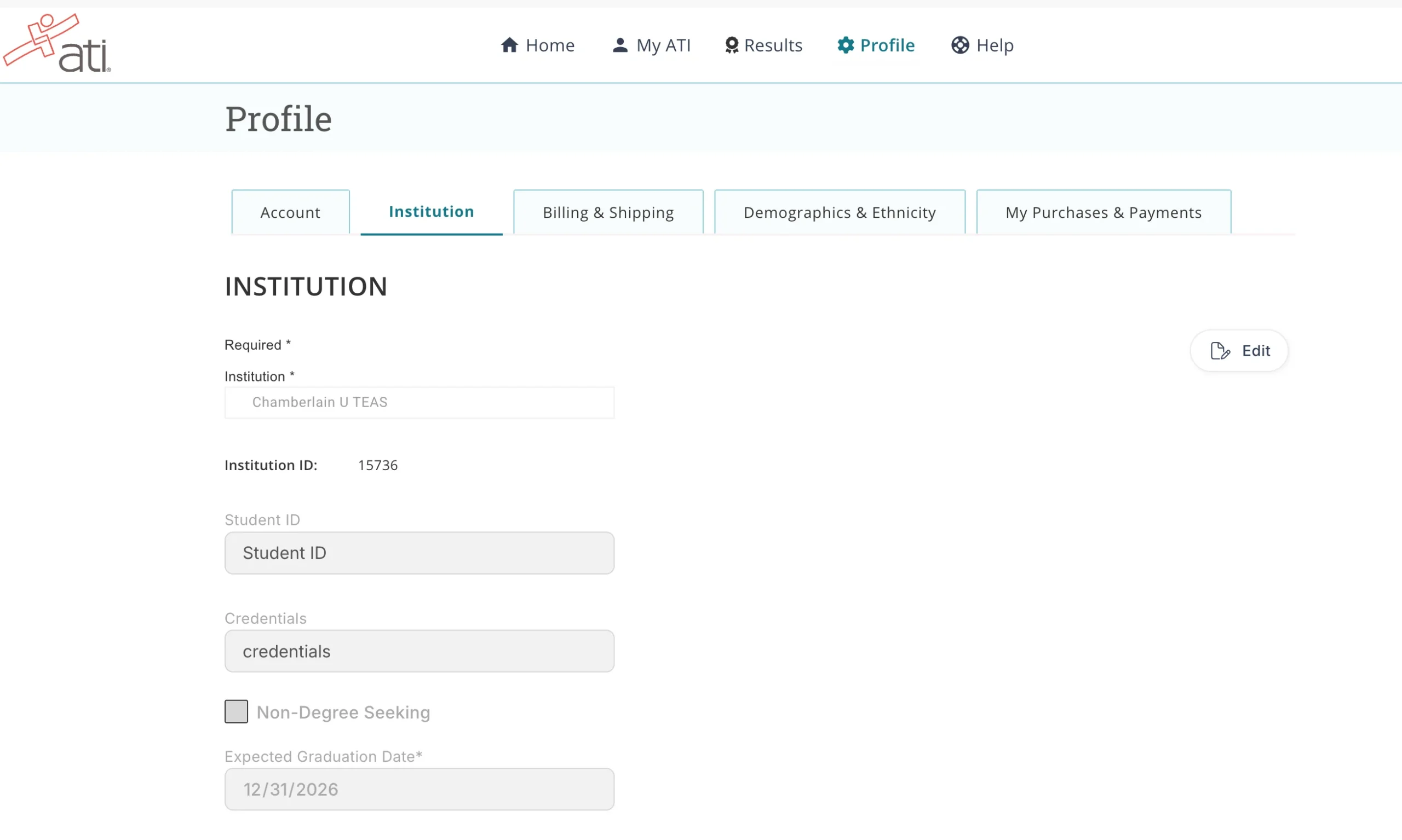 Profile page Institution tab showing the institution field, institution ID, student ID, credentials, Non-Degree Seeking checkbox, and expected graduation date