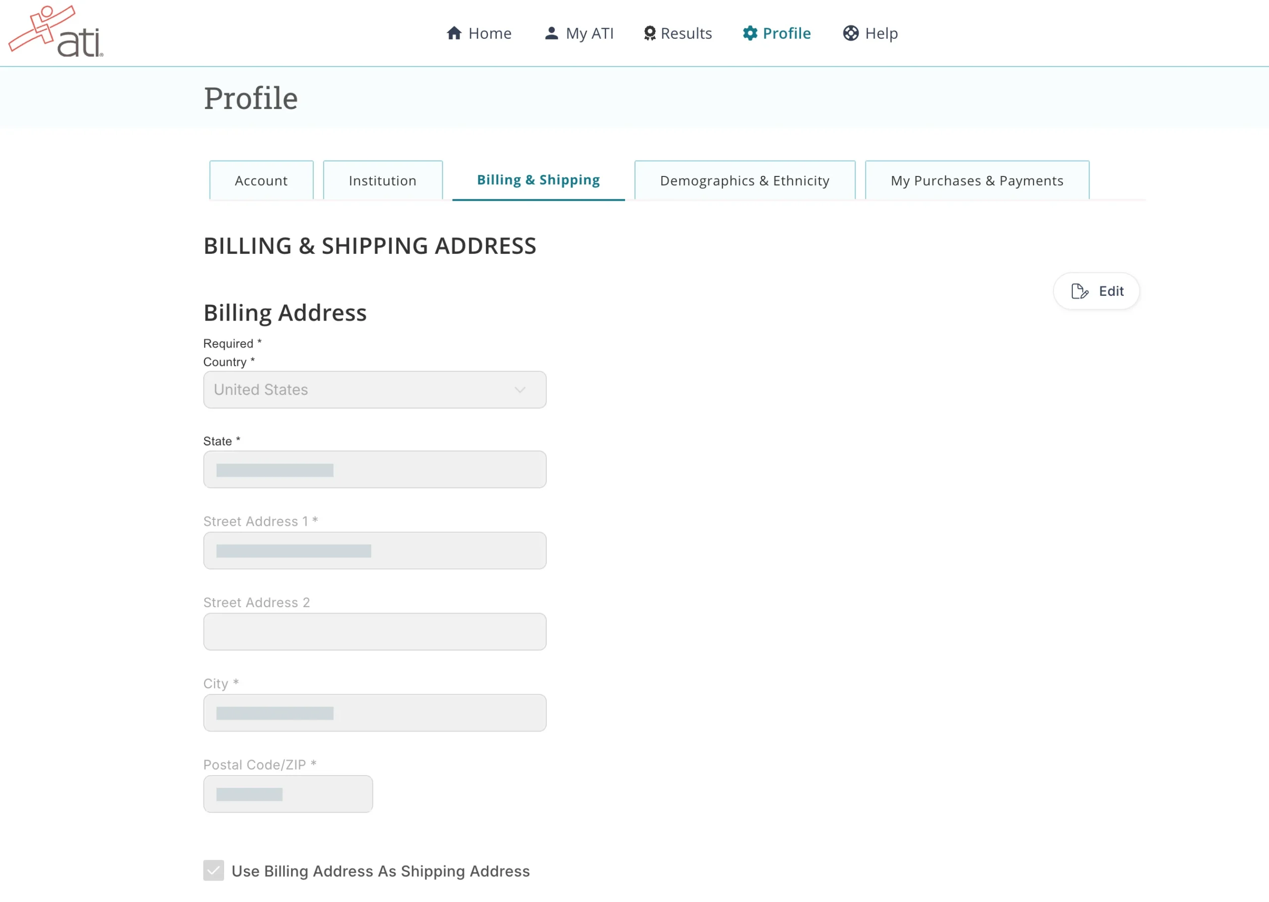 Profile page Billing and Shipping tab showing billing address fields and the Use Billing Address As Shipping Address checkbox