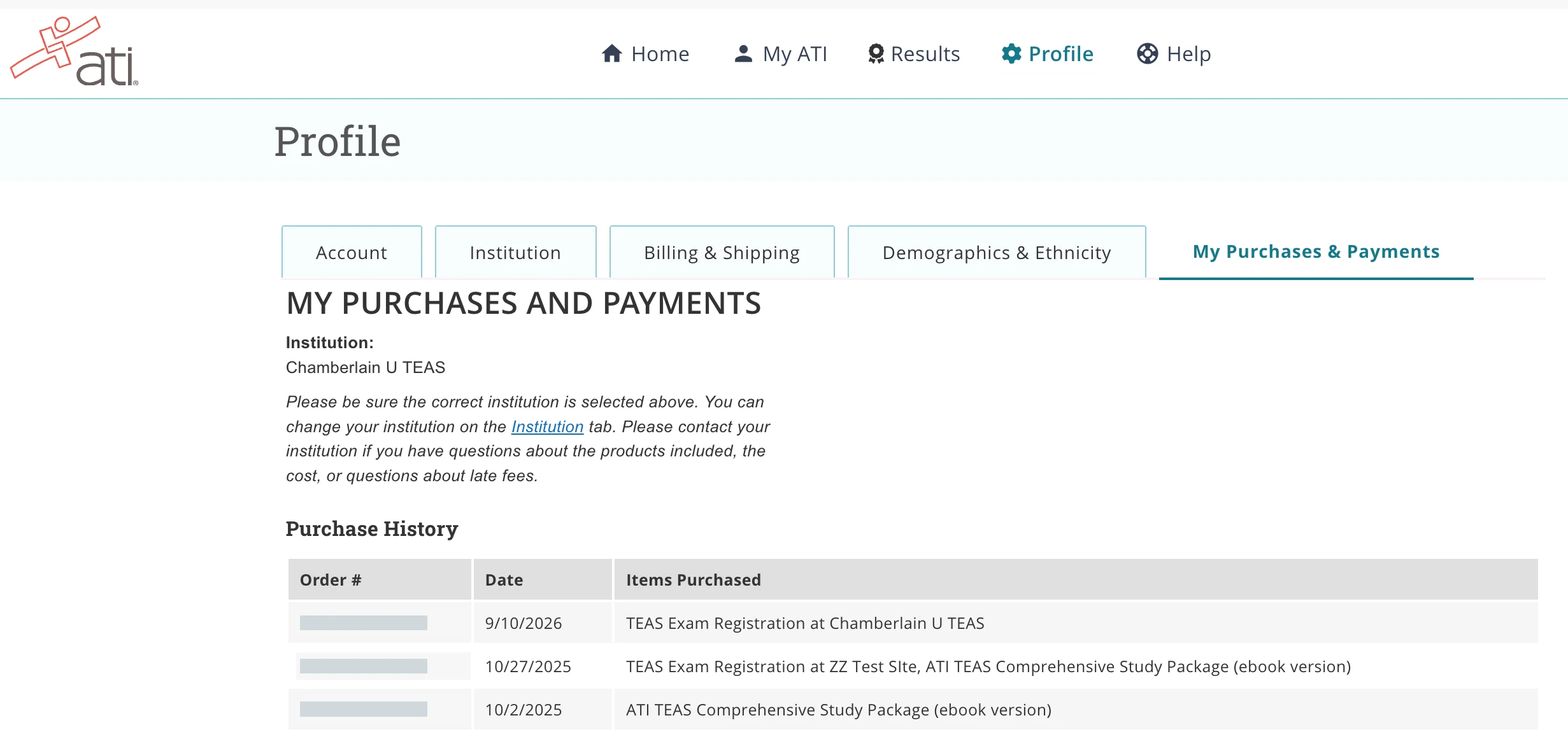 Profile page My Purchases and Payments tab showing the institution notice and a purchase history table with order number, date, and items purchased