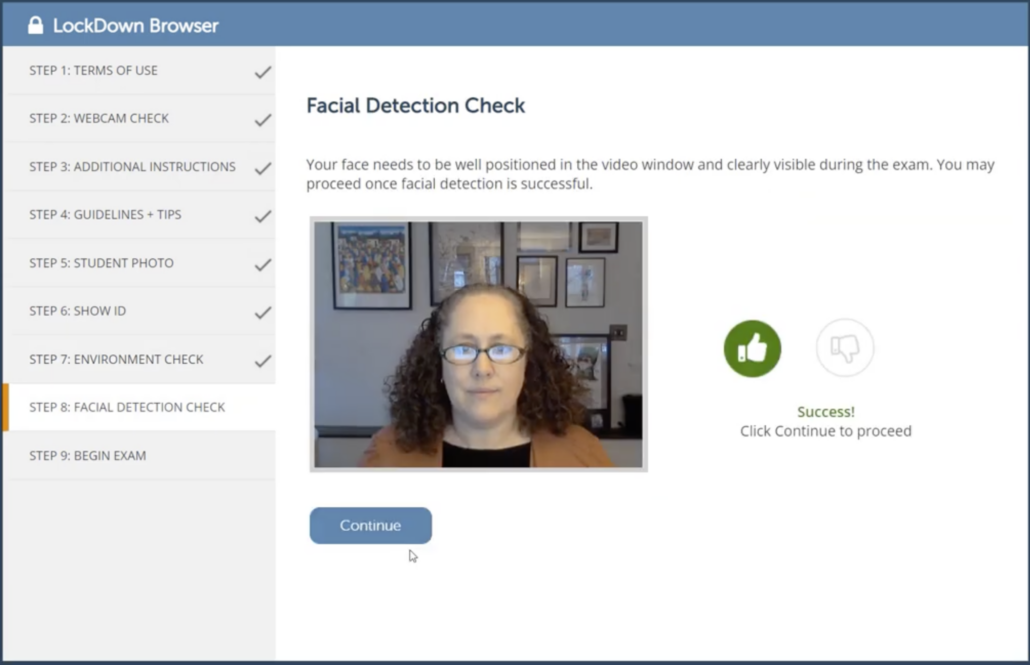 Respondus LockDown Browser pre-check step 8 of 9, Facial Detection Check. A webcam preview of the test-taker appears beside a green thumbs-up icon labeled Success, with a Continue button below.