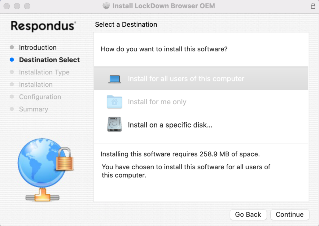 macOS installer Destination Select screen with Install for all users of this computer selected, and Go Back and Continue buttons.