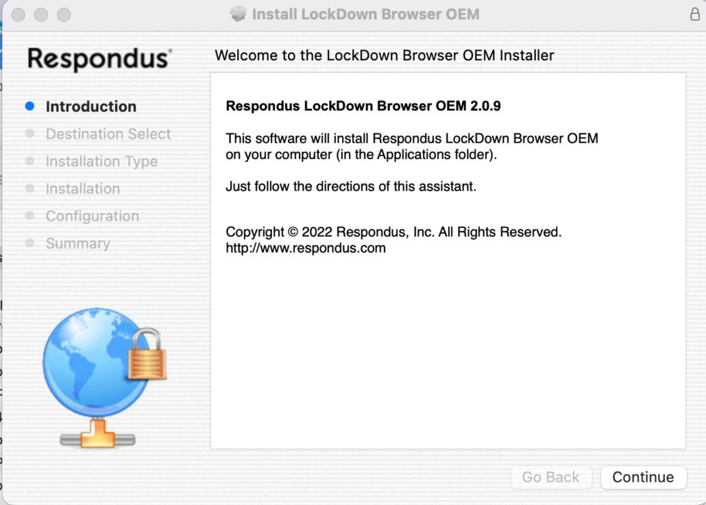 Respondus LockDown Browser OEM installer welcome screen listing Introduction, Destination Select, Installation Type, Installation, Configuration, and Summary in the sidebar, with Go Back and Continue buttons.
