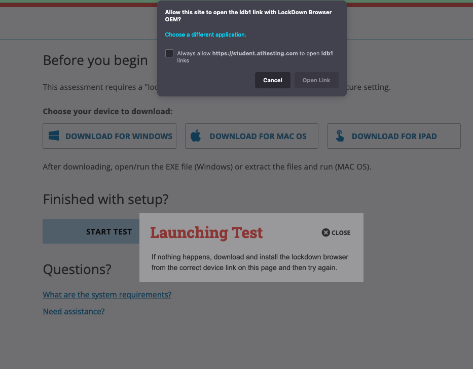 ATI test launch page with a browser prompt asking to open LockDown Browser OEM and a Launching Test message.