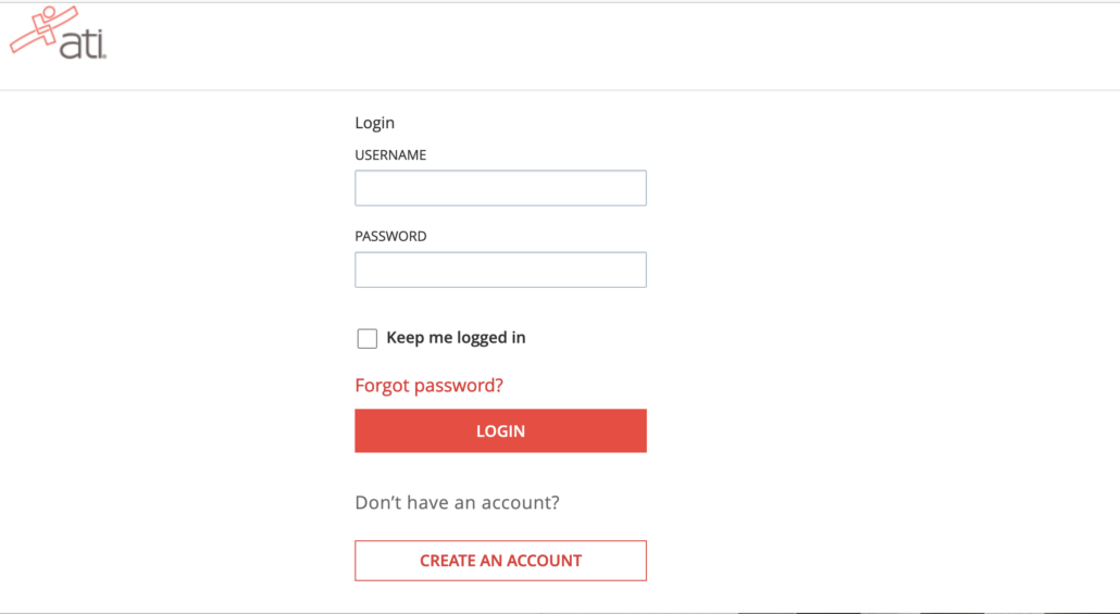 ATI login page with Username and Password fields, a Keep me logged in checkbox, a Forgot password link, a Login button, and a Create an Account button.