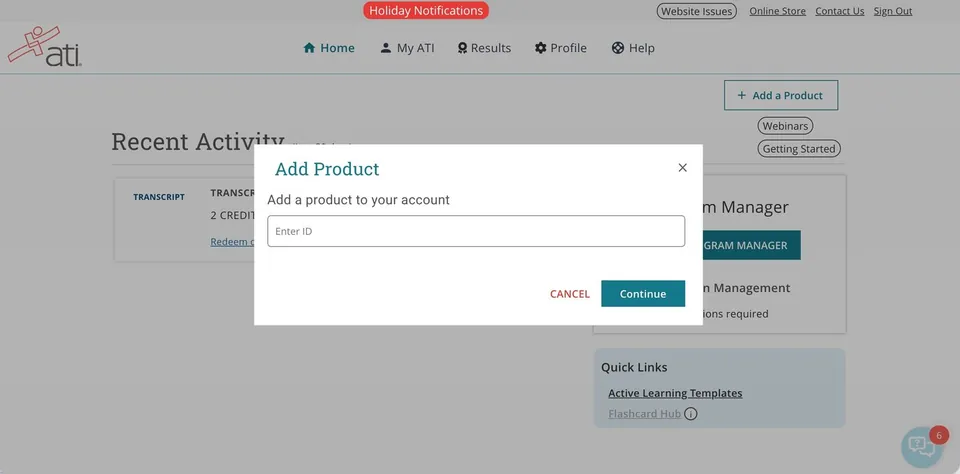 Add Product window with an Enter ID field and Cancel and Continue buttons