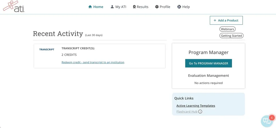 ATI student Home page with the Add a Product button in the upper-right corner