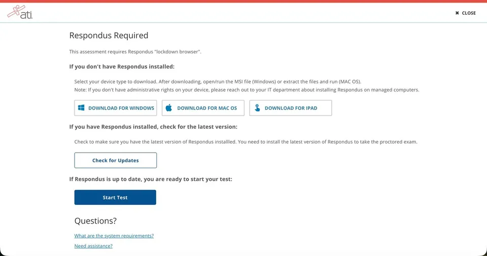 ATI Respondus Required page with Download for Windows, Mac OS, and iPad buttons, a Check for Updates button, and a Start Test button
