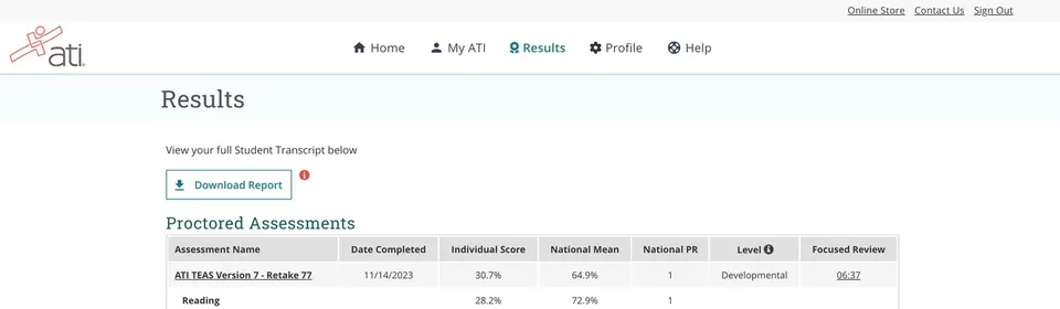 ATI Results tab showing the Proctored Assessments table with a Download Report button
