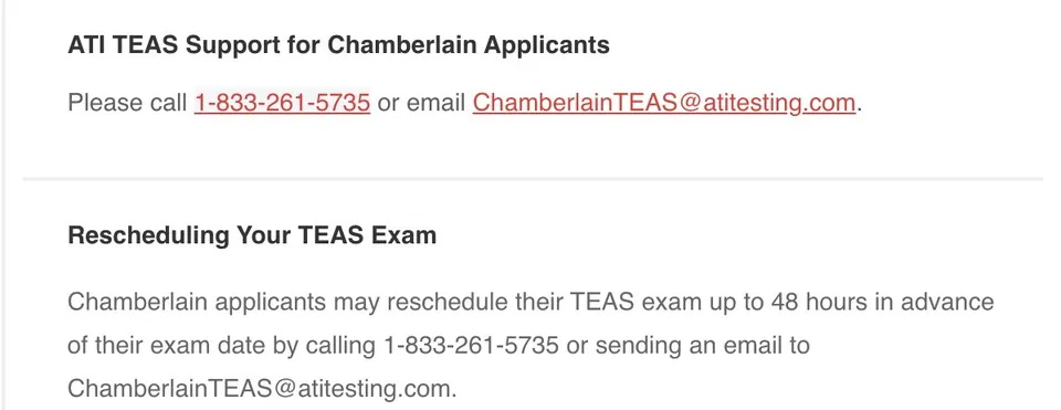 Confirmation email excerpt listing the ATI TEAS support phone number and email for Chamberlain applicants, plus the rescheduling instructions