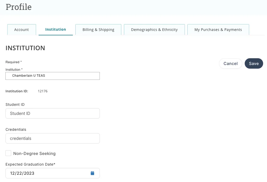 Institution tab in edit mode with a school selected and the Save button