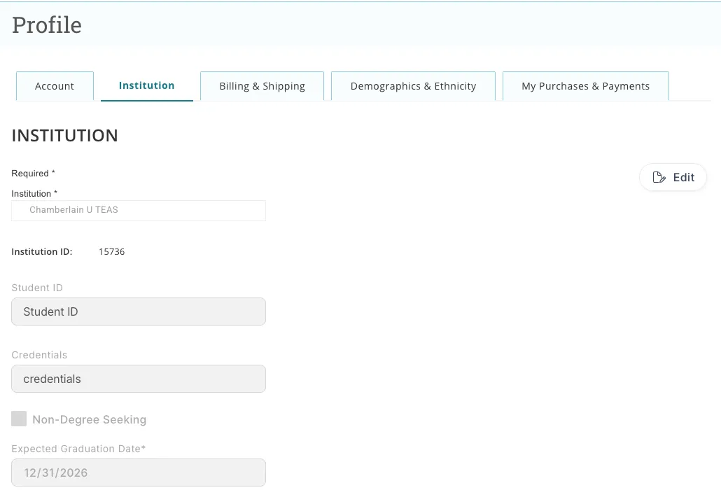 ATI student account Profile page with the Institution tab selected