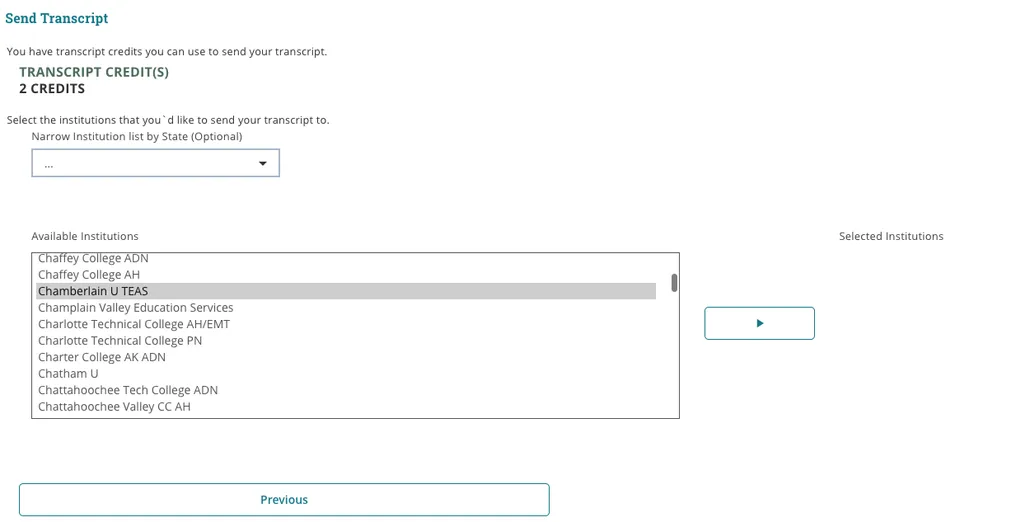 Send Transcript screen with Chamberlain U TEAS highlighted in the Available Institutions list and the arrow button