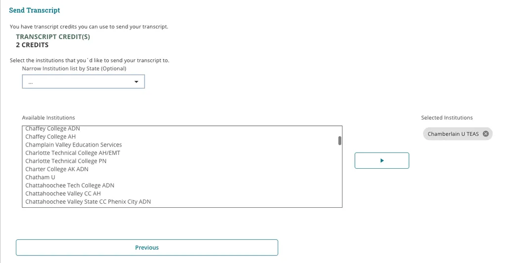 Send Transcript screen with Chamberlain U TEAS listed under Selected Institutions and the Continue button