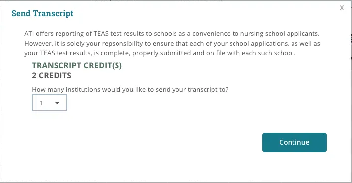 Send Transcript pop-up on the Results tab showing transcript credits and the number-of-institutions dropdown set to 1